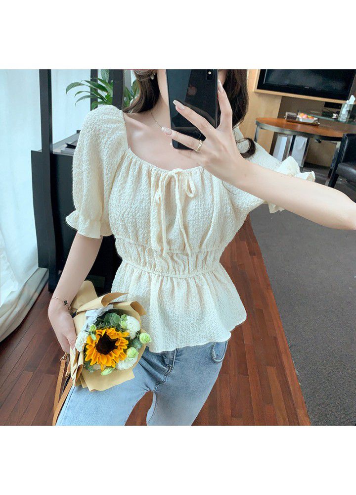 Real shot 2021 summer new Korean versatile Square Neck Lace Up bubble cloth waist down short sleeve shirt blouse
