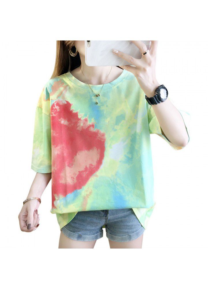 Hong Kong Style ins short sleeve T-shirt women's summer 2021 Korean loose and versatile tie dye net red personality half sleeve clothes fashion