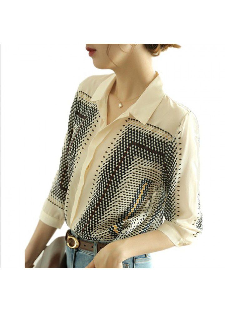 2021 Korean splicing elegant temperament shirt women's summer design Plaid top 3 / 4 sleeve slim shirt