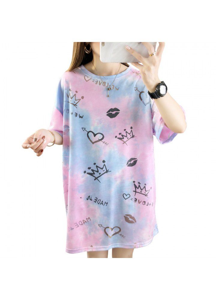 Ins short sleeve T-shirt women's summer Korean loose size women's middle and long lower garment missing versatile half sleeve upper garment fashion