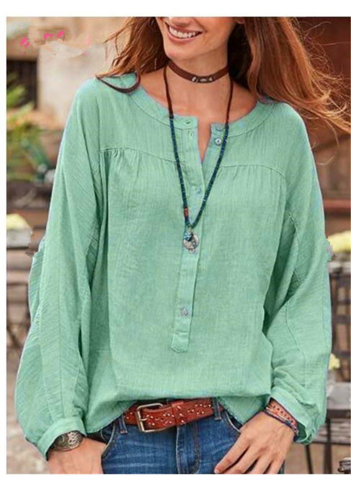 2021 Amazon wish spring button solid long sleeve loose casual 7-color 8-size shirt