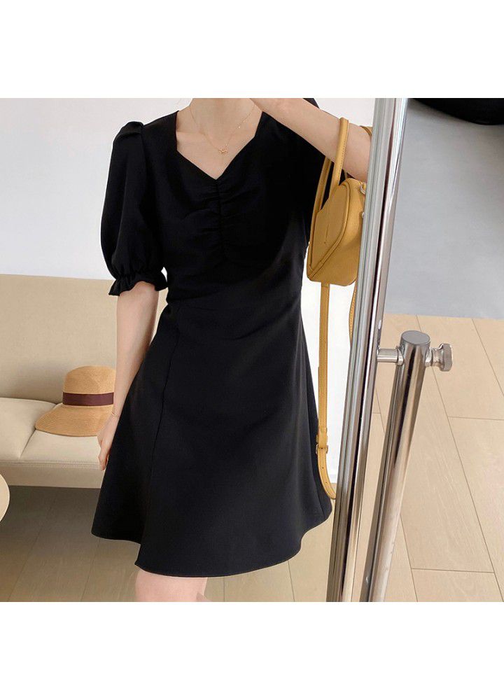 Taochuan French split black dress women's 2021 slim waist Hepburn first love skirt V-neck skirt 5153
