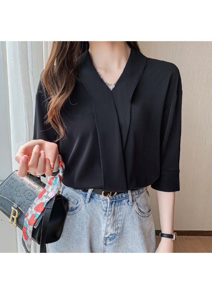 Real shot spot 2021 summer chiffon shirt femininity V-neck 5-sleeve fashion placket show thin black top