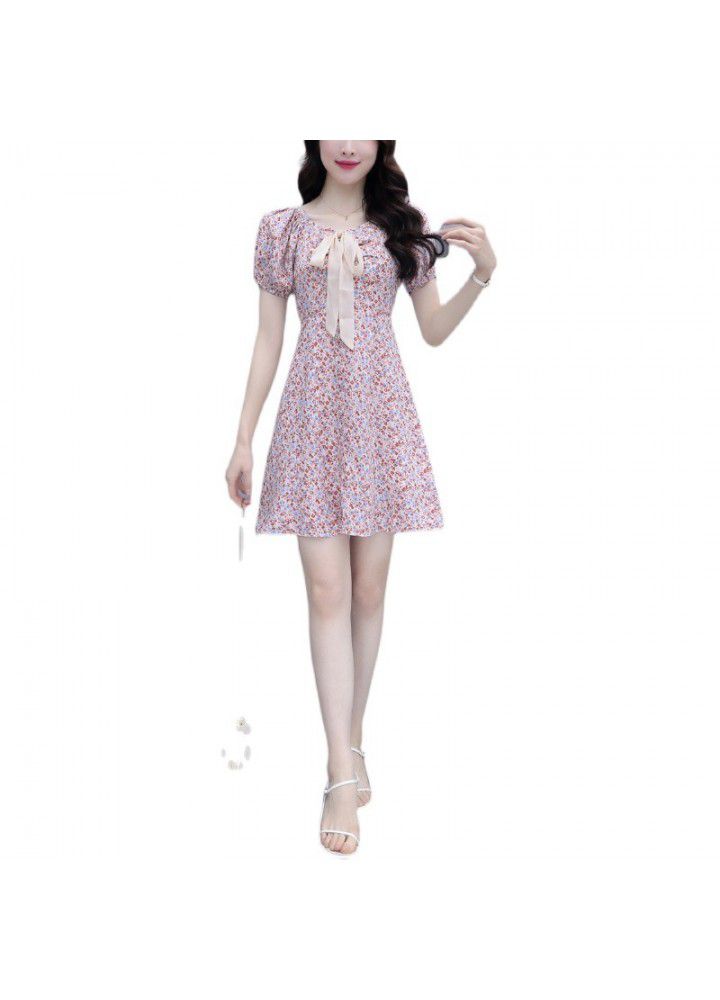 2021 summer new small Chiffon floral dress women's V-neck bow tie sweet first love skirt