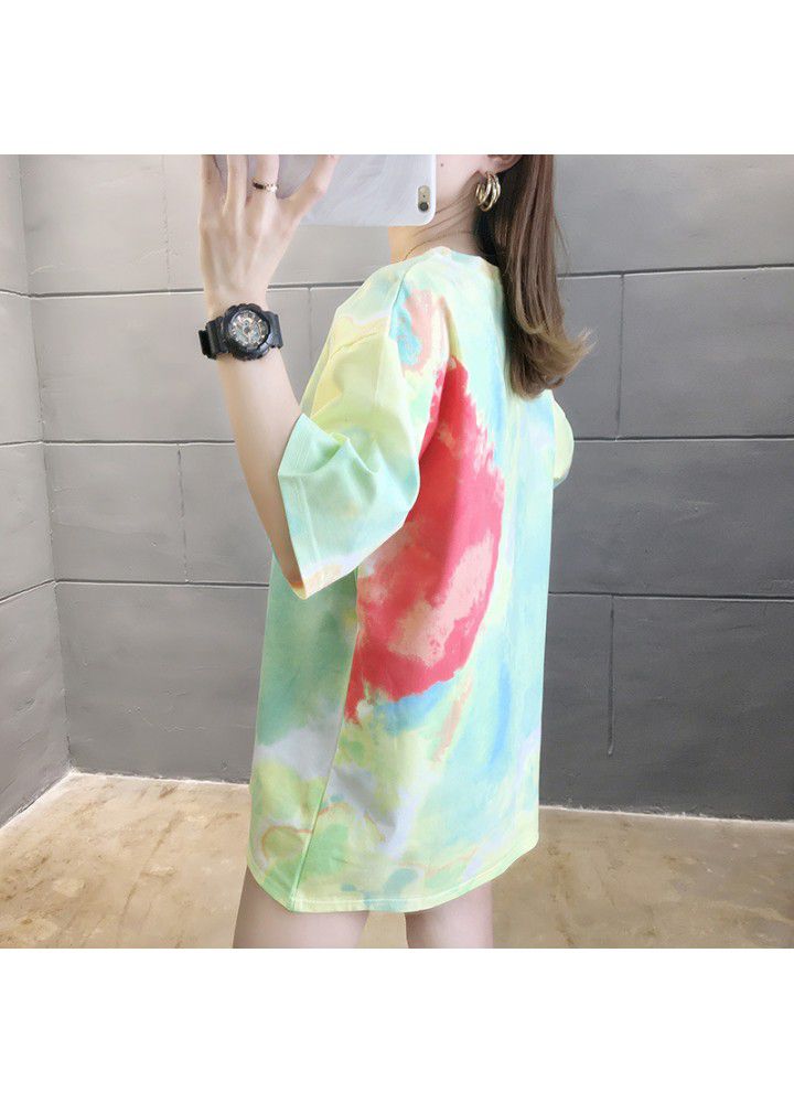 Hong Kong Style ins short sleeve T-shirt women's summer 2021 Korean loose and versatile tie dye net red personality half sleeve clothes fashion