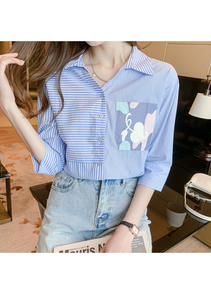 2021 Korean summer new blue and white striped shirt for women