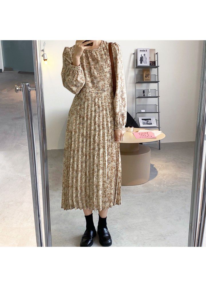 Zhicongxi French retro floral dress women's 2021 spring round neck high waist medium length Pleated Dress 5118