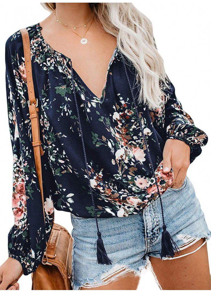Cross border wish Amazon eBay printed large V-Neck long sleeve pullover shirt loose drawstring Top Blouse