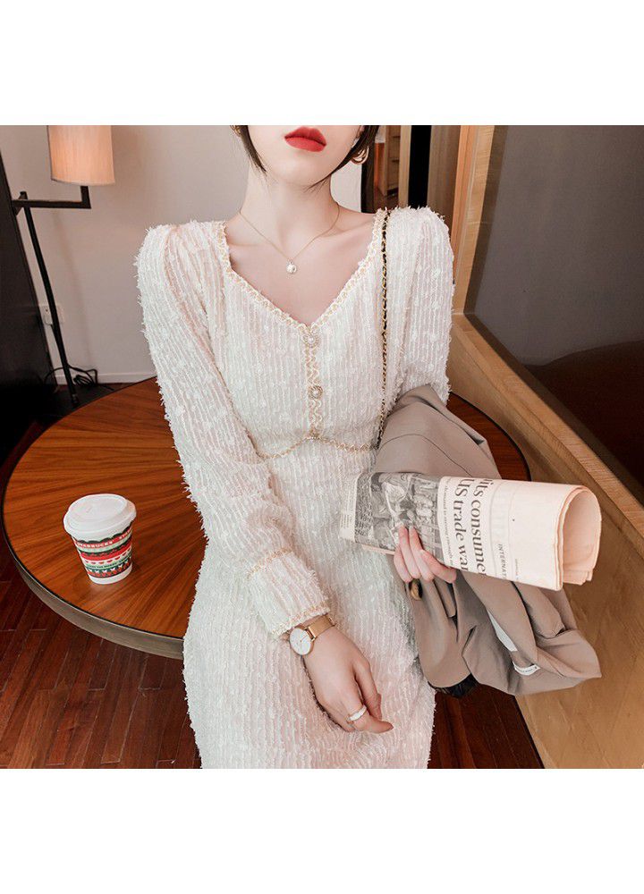 2021 spring dress new French small fragrance long sleeve dress femininity Lace Waist Skirt thin