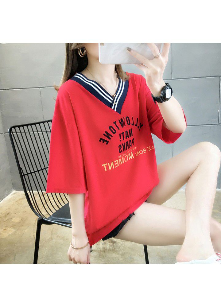 2021 summer new V-neck short sleeve T-shirt women's Korean loose fashion leisure net red half sleeve clothes fashion