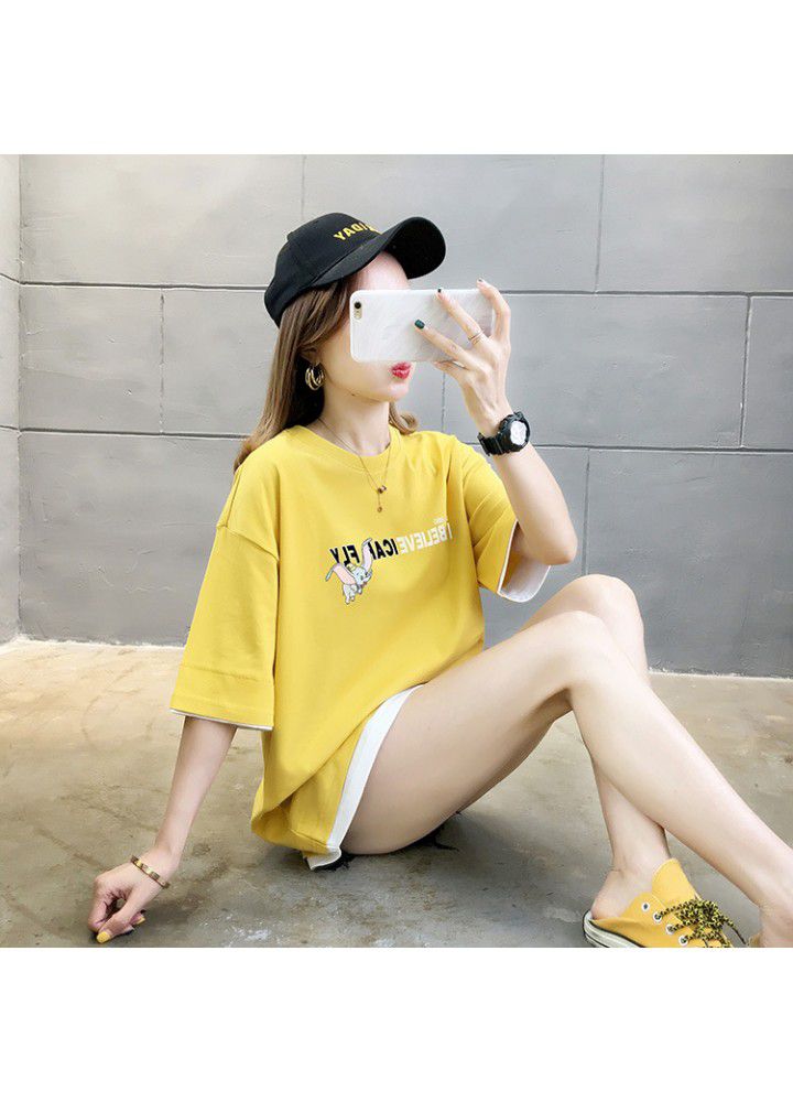 Black T-shirt women's short sleeve loose fitting half sleeve 2021 new Harajuku Hong Kong style simple fake two-piece top