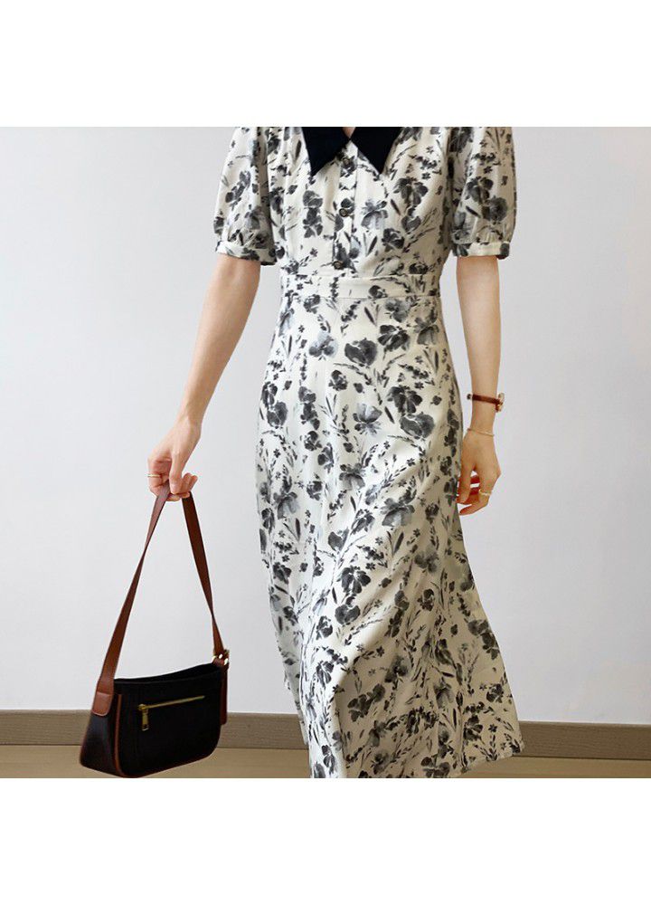 The fall of taochuan in early summer: French Hepburn dress women's 2021 Chiffon bubble sleeve contrast skirt 1952