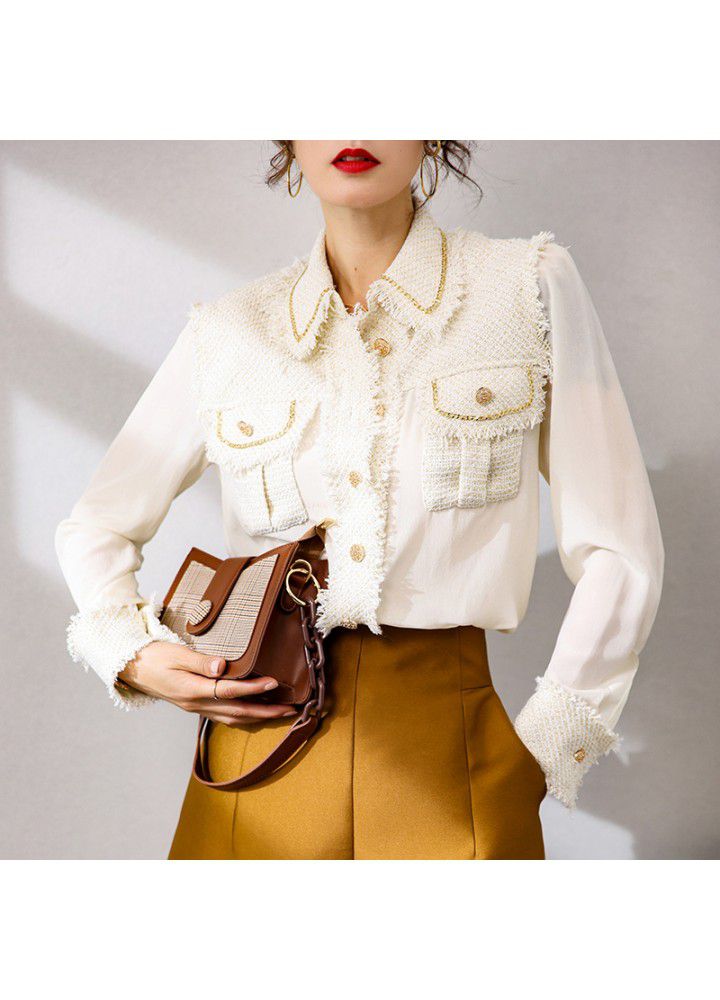 Design sense pocket Lapel long sleeve shirt 034128 gold thread woven splicing temperament French small fragrance top