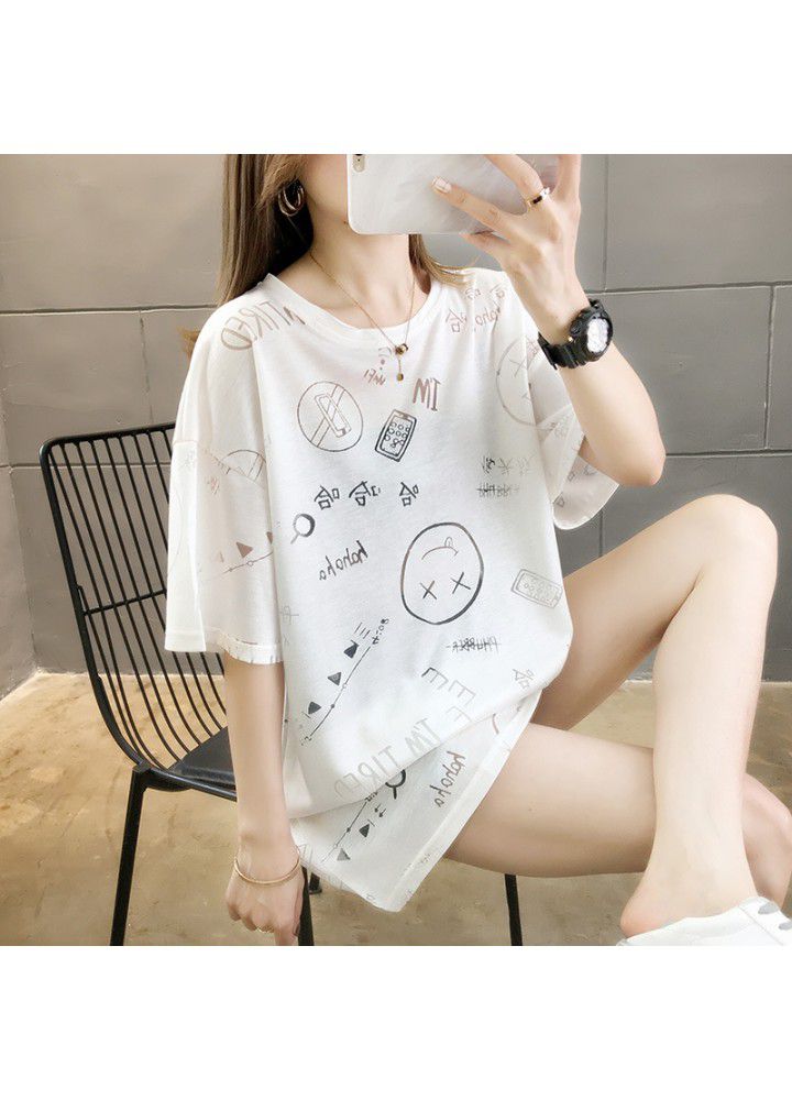 Ins short sleeve T-shirt women's summer Korean loose size women's middle and long lower garment missing