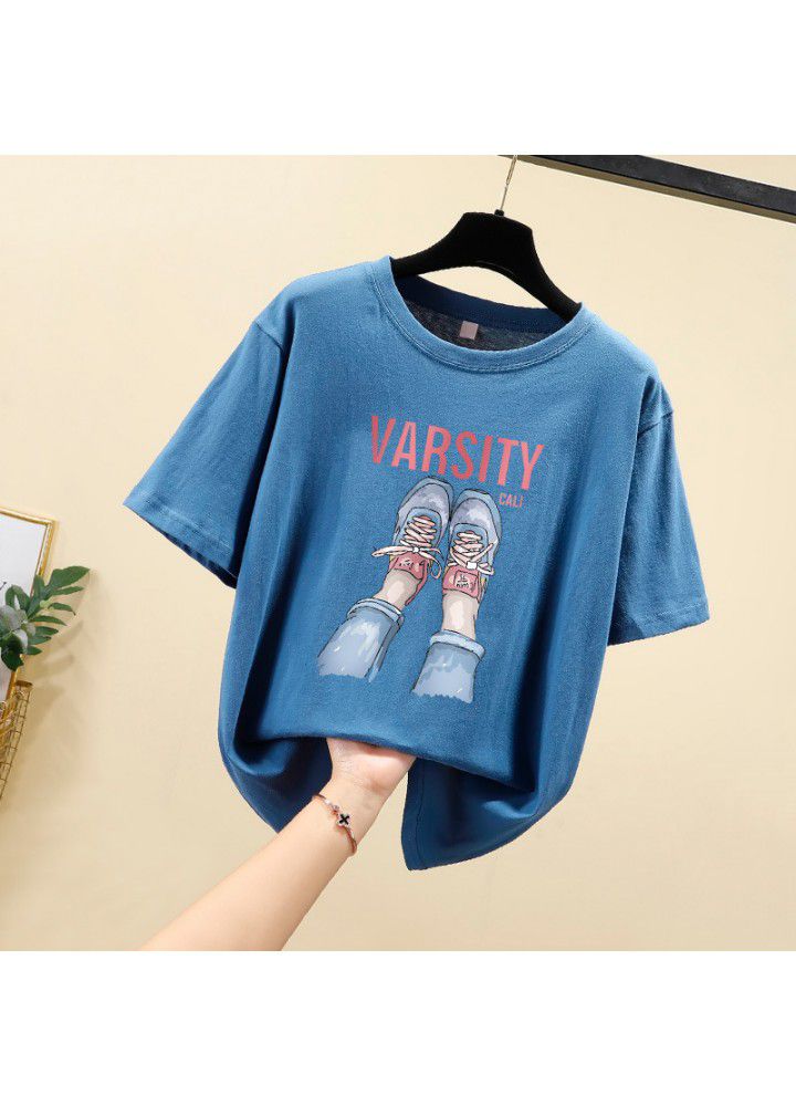 Pure cotton white short sleeve T-shirt women's ins foreign style BF loose and versatile Korean printed base shirt 2021 summer thin