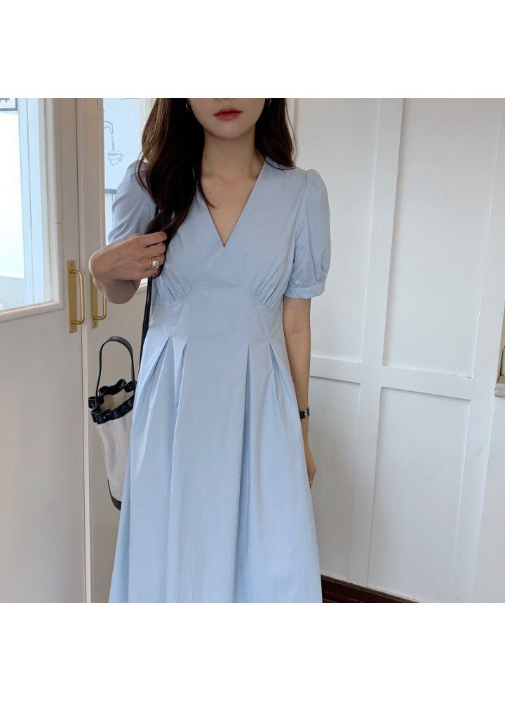 2021 summer new French fashion temperament simple V-neck waist show thin bubble sleeve dress women's tricolor