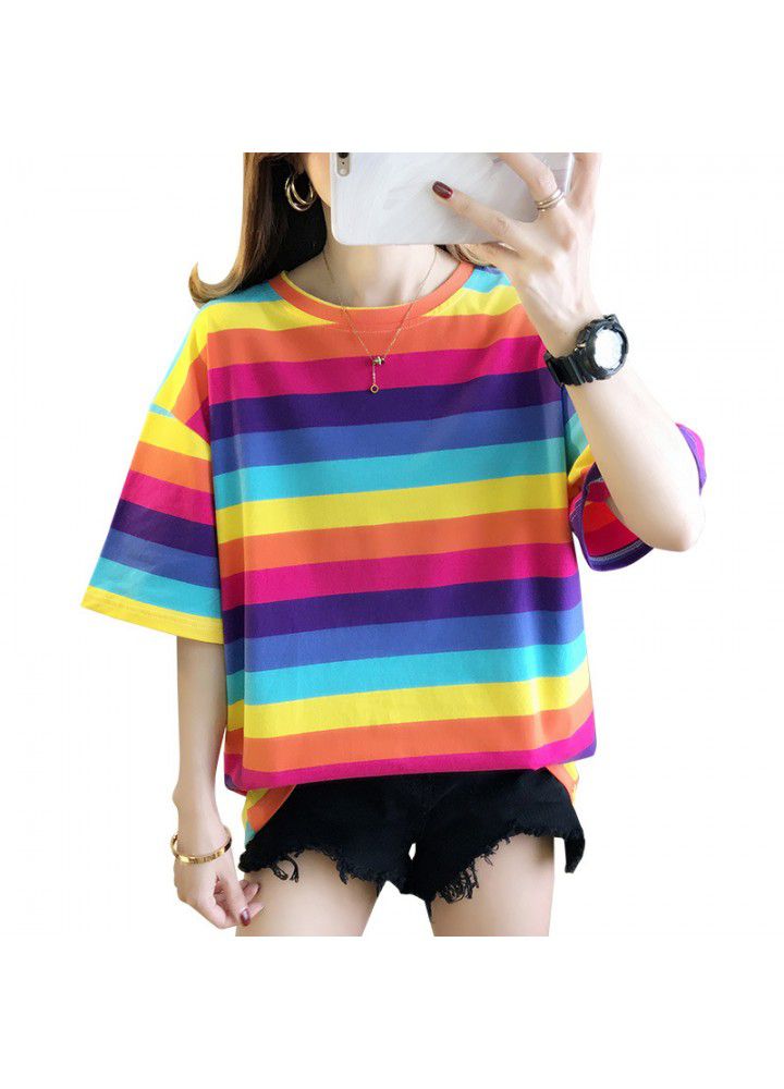 Rainbow Stripe net red short sleeve T-shirt women's summer loose large size lower garment