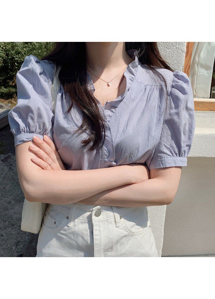 2021 summer new Korean version gentle temperament sweet age reduction ear edge pleated V-neck short sleeve shirt blouse