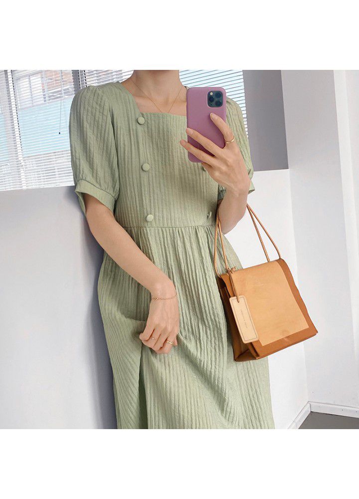 Taochuan Korean dress women's summer 2021 V-neck pleated bubble sleeve waist show thin temperament solid color long skirt 8187