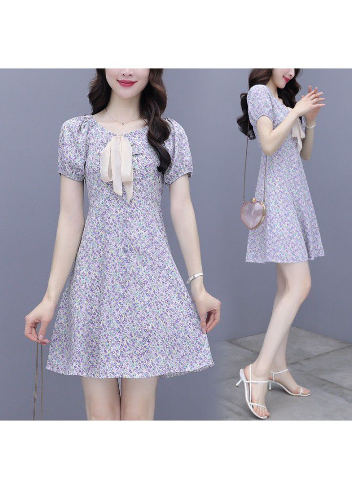 2021 summer new small Chiffon floral dress women's V-neck bow tie sweet first love skirt