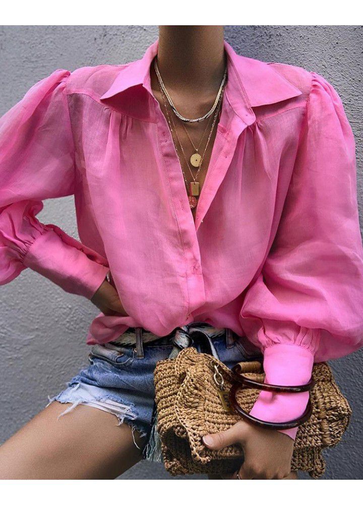 Cross border wish Amazon eBay loose solid long women's shirt Lantern Sleeve Top suit collar shirt