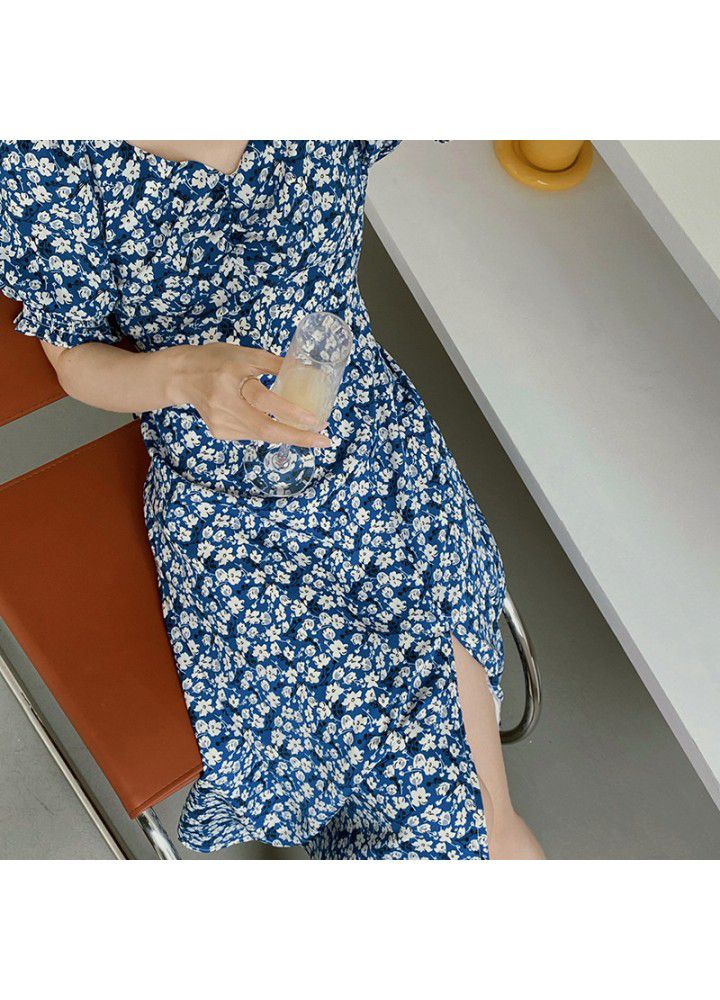 Taochuan French retro square neck waist split soft floral holiday dress women's long 2021 summer 1002
