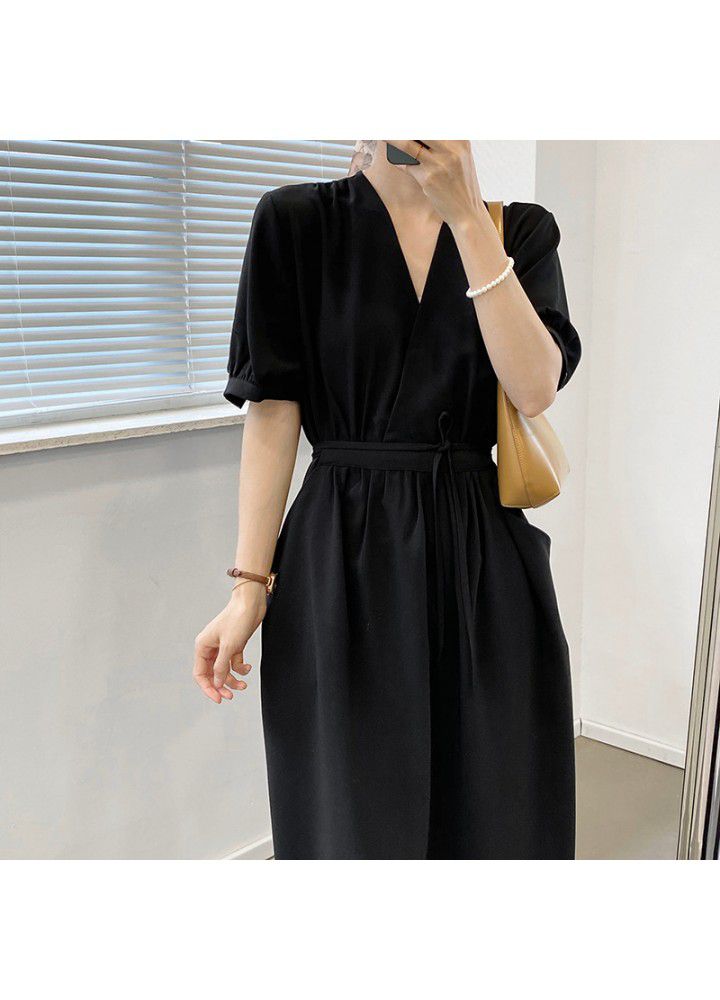 Taochuan French design retro bubble sleeve waist strap dress women's 2021 summer V-Neck long skirt 3377
