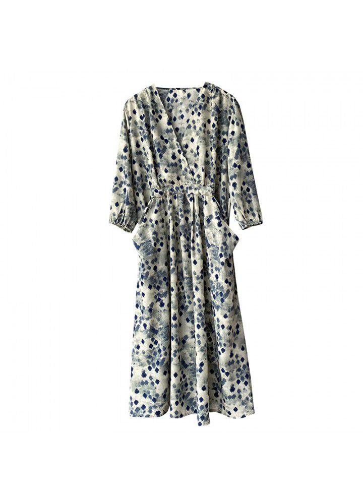Zhicong evening waist V-neck Lantern Sleeve floral dress summer 2021 loose French halo dye temperament dress 3370