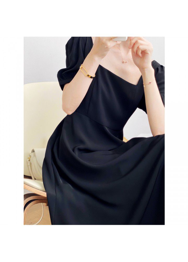 Zhicongxi black dress women's 2021 summer new style square collar French long Hepburn style small black dress 573
