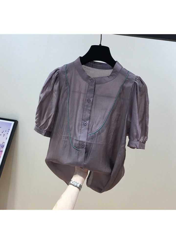 European goods 2021 summer new stand collar Short Sleeve Chiffon shirt women's top fashion small foreign style belly covering shirt