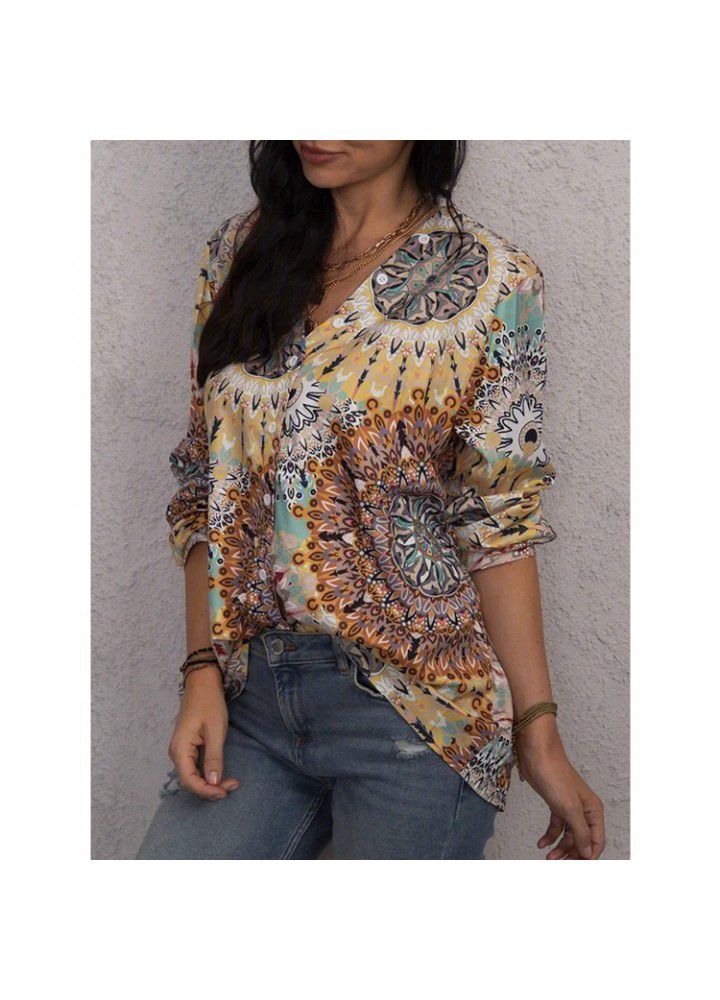 2020 Amazon's cross border new European and American printed long sleeve V-neck button women's shirt