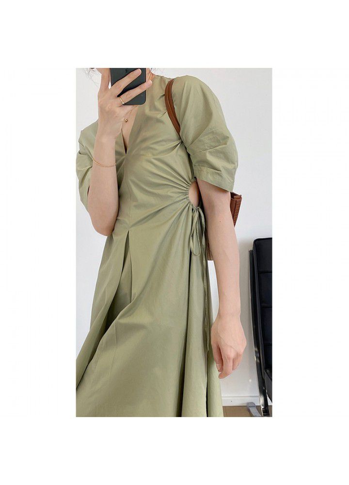 Taochuan Korean Hepburn drawstring open waist short sleeve dress women's summer design V-neck show thin temperament skirt 1963