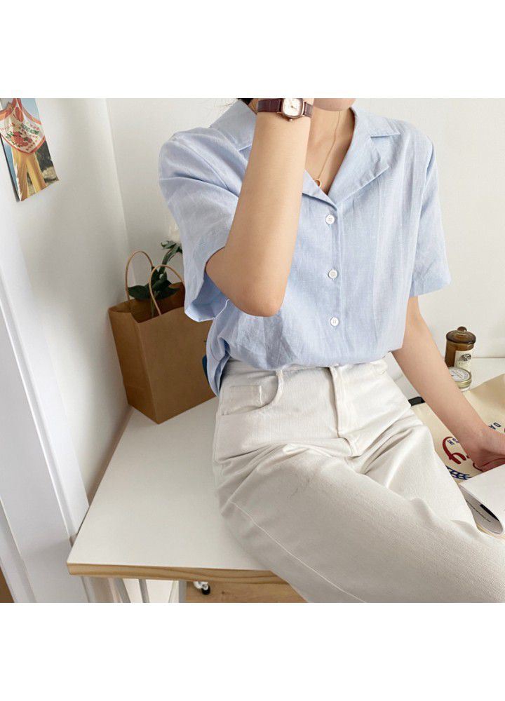 Short sleeve cotton and hemp shirt female 2021 summer thin shirt female small retro short white cardigan female