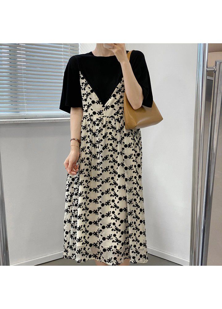 Taochuan flocking floral suspender dress women's 2021 RETRO art loose and thin V-neck Chiffon Dress 3373