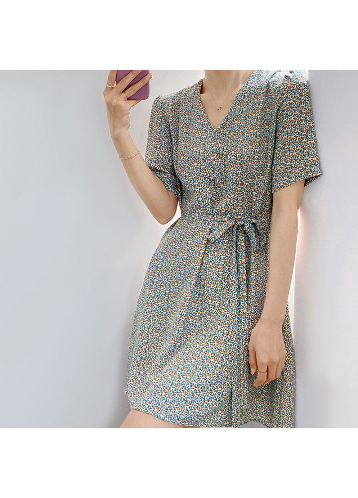 Taochuan French V-neck floral dress women's 2021 summer short sleeve bandage show slim short skirt 5133