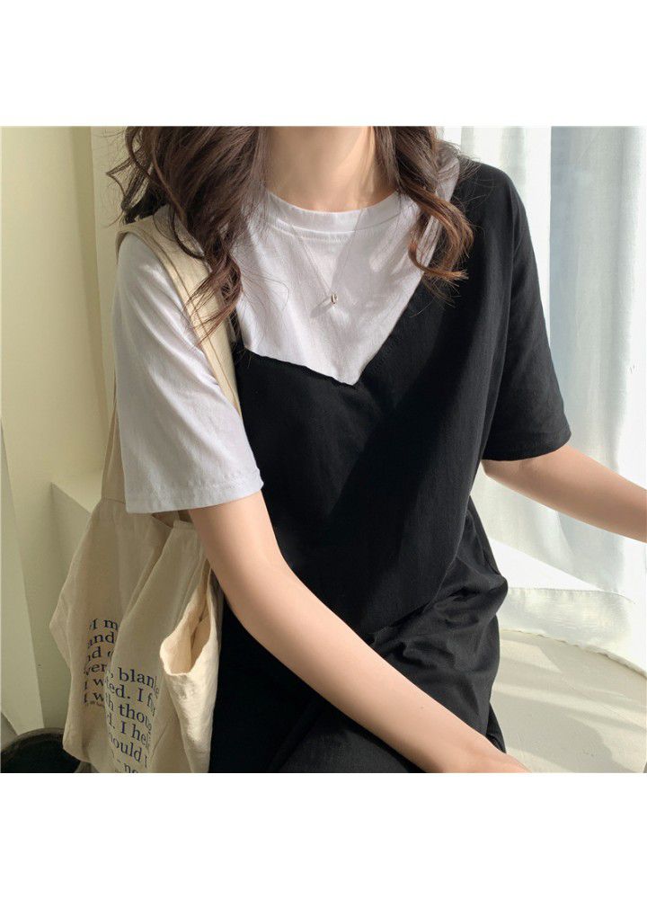 2021 summer stitching temperament fake two-piece dress women's short sleeve small slim T-shirt skirt half sleeve top