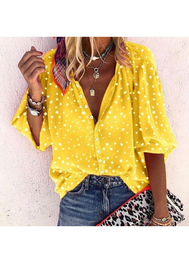 New Amazon wish Polka Dot snowflake Print Long Sleeve V-neck button women's shirt in autumn 2019