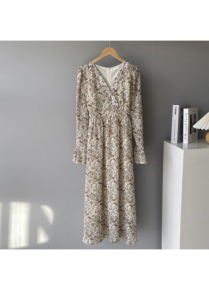 Zhicong evening waist V-neck trumpet sleeve floral dress spring summer 2021 new loose long sleeve dress 3367