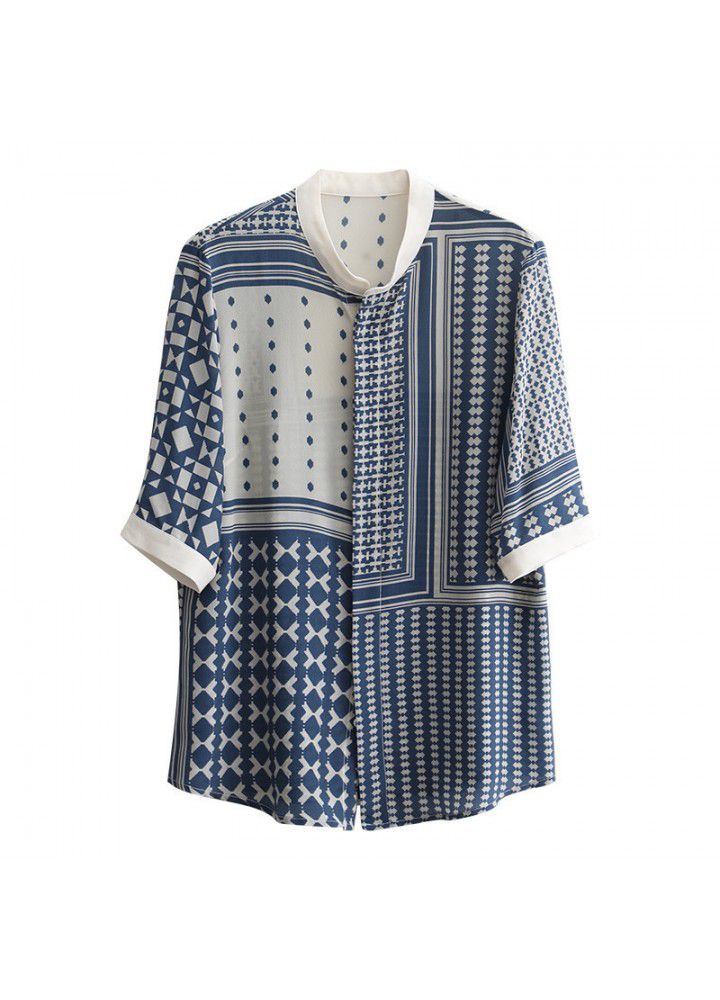2021 summer new shirt women's middle sleeve stand collar retro Plaid stripe shirt design sense stitching temperament top