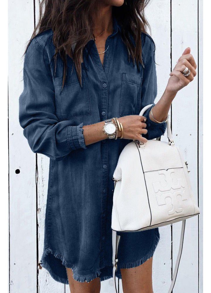 Cross border wish Amazon eBay European and American women's large loose medium length tassel women's denim shirt