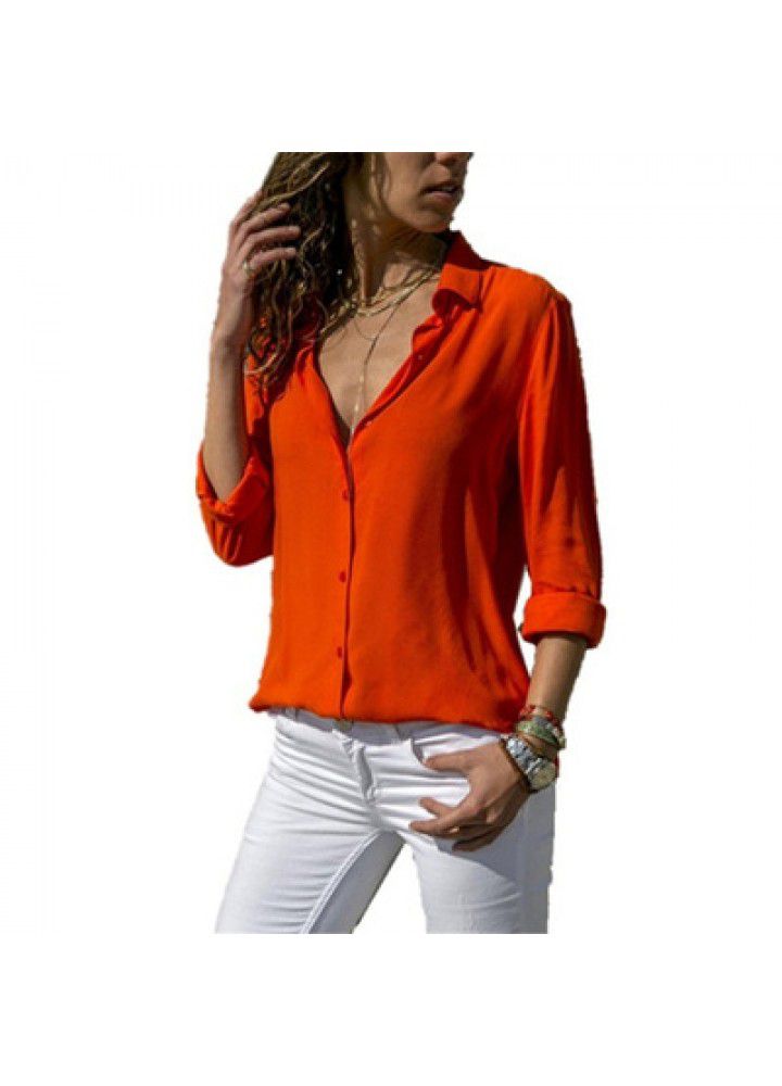 Cross border wish Amazon eBay European and American chiffon shirt women's shirt long sleeve deep V Lapel button shirt women's shirt