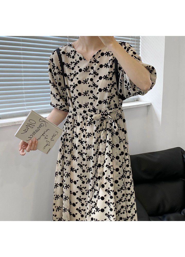 Taochuan French foam sleeve flocked floret dress 2021 summer new waist folded temperament long skirt 3376