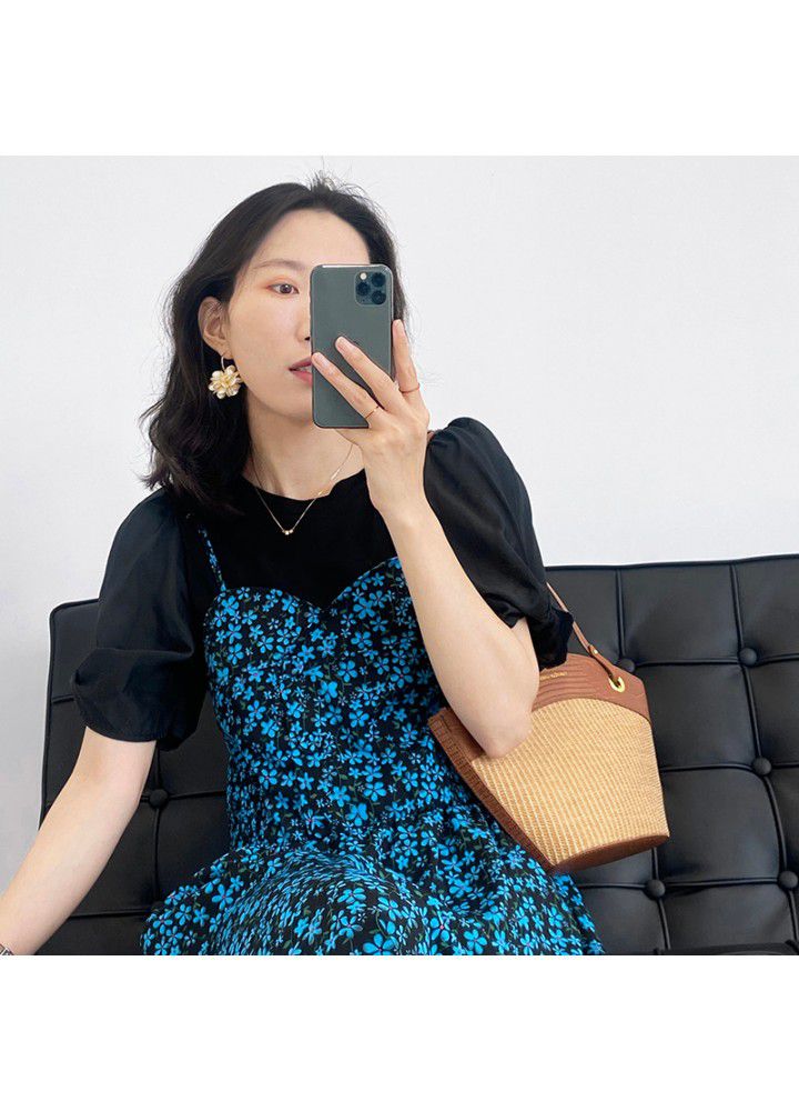 Taochuan two piece floral suspender skirt women's 2021 summer bubble sleeve T-shirt temperament gentle long dress 5176