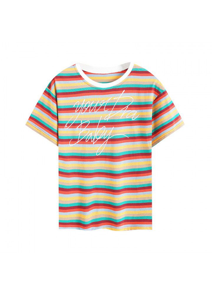 2021 summer new cotton letter printing Rainbow Flower stripe short sleeve t-shirt female round neck Hong Kong Style CEC fashion