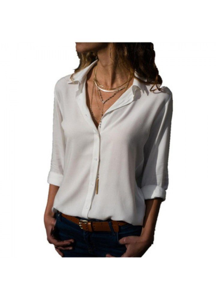 Cross border wish Amazon eBay European and American chiffon shirt women's shirt long sleeve deep V Lapel button shirt women's shirt