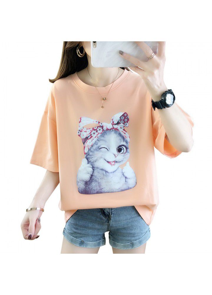 2021 summer Korean new round neck cartoon kitten short sleeve T-shirt women's net red fashion versatile half sleeve clothes