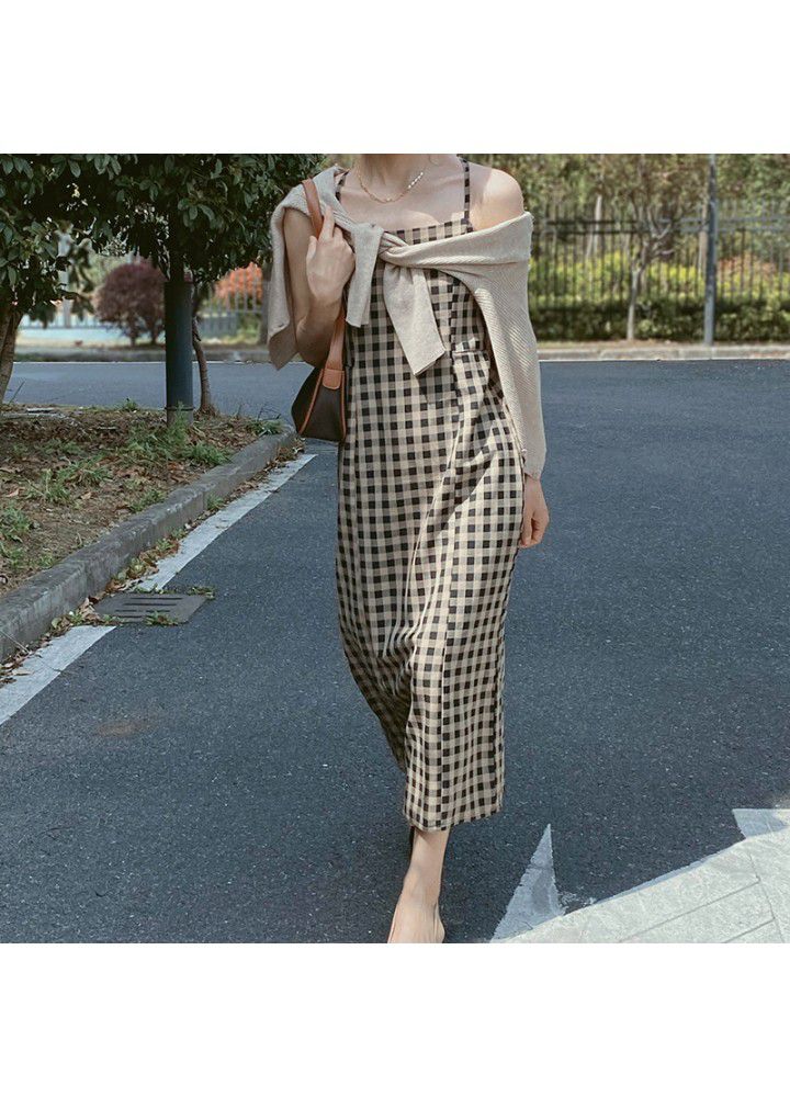 Zhicongxi retro Plaid suspender dress women's mid length 2021 spring and summer with split bottom skirt 3369