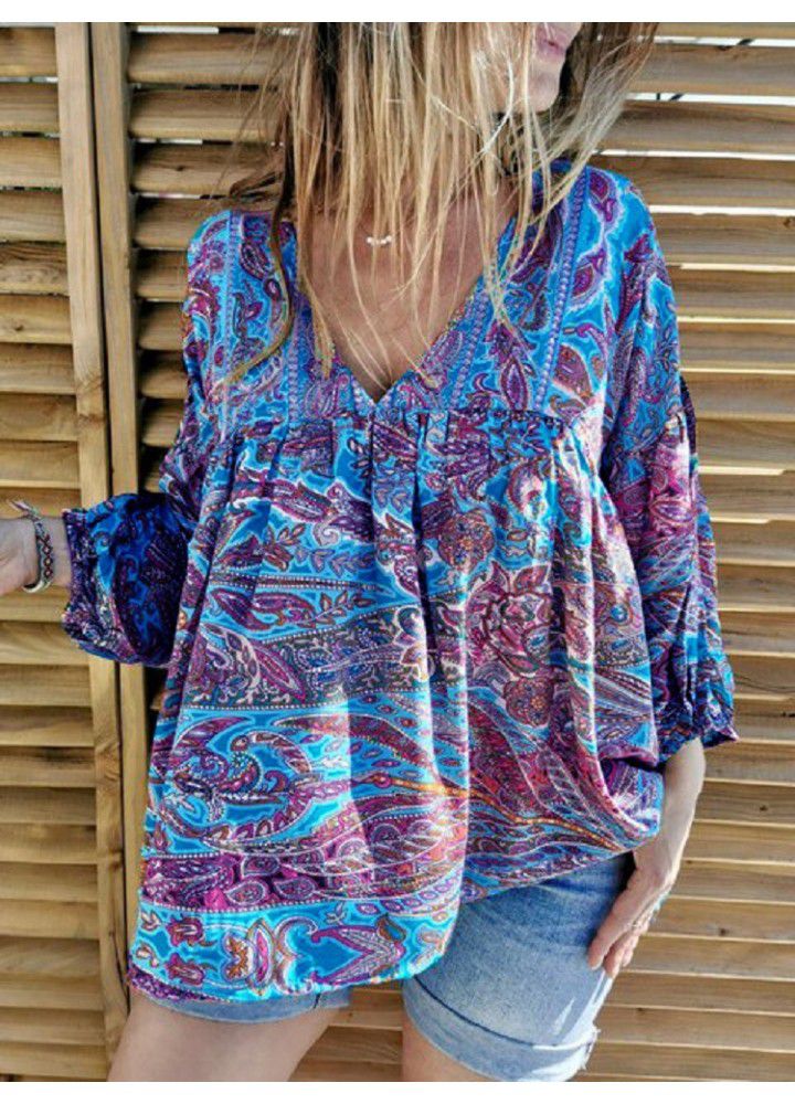 Autumn and winter 2020 new European and American Amazon foreign trade floral long sleeve T-shirt women's printed V-neck pleated top