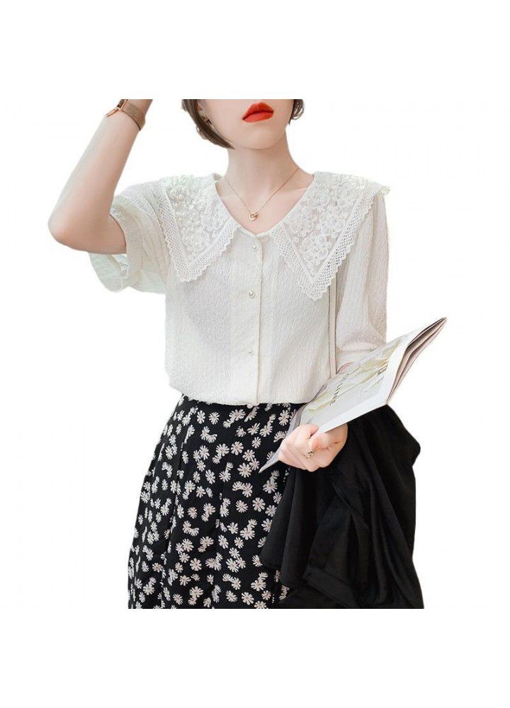 Pin bead shirt 2021 summer new lace loose top French baby collar cardigan looks thin