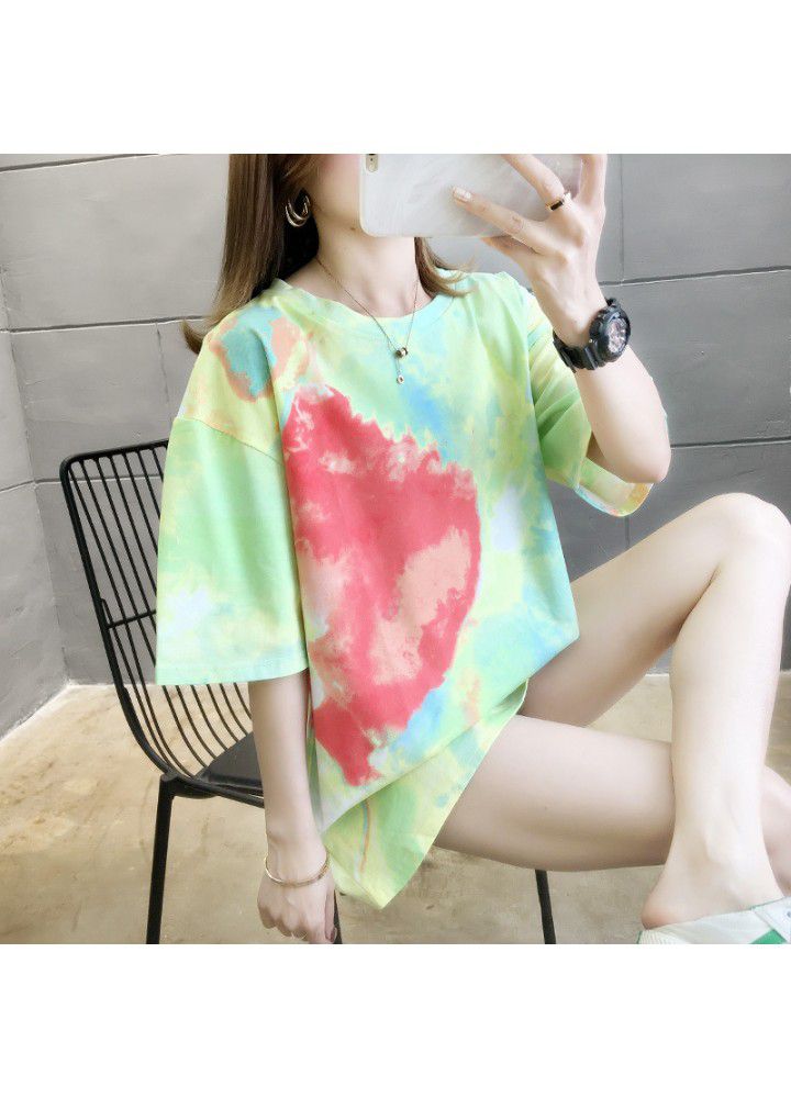 2021 tie dye ins short sleeve T-shirt women's Korean loose net Hong Kong Style strange smell body versatile half sleeve clothes fashion